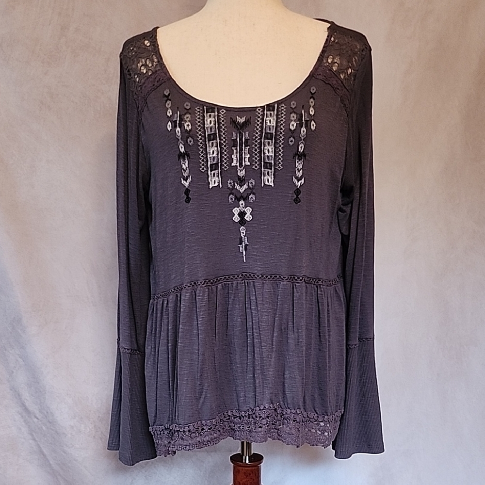 Knox Rose Charcoal Blouse with Embroidery